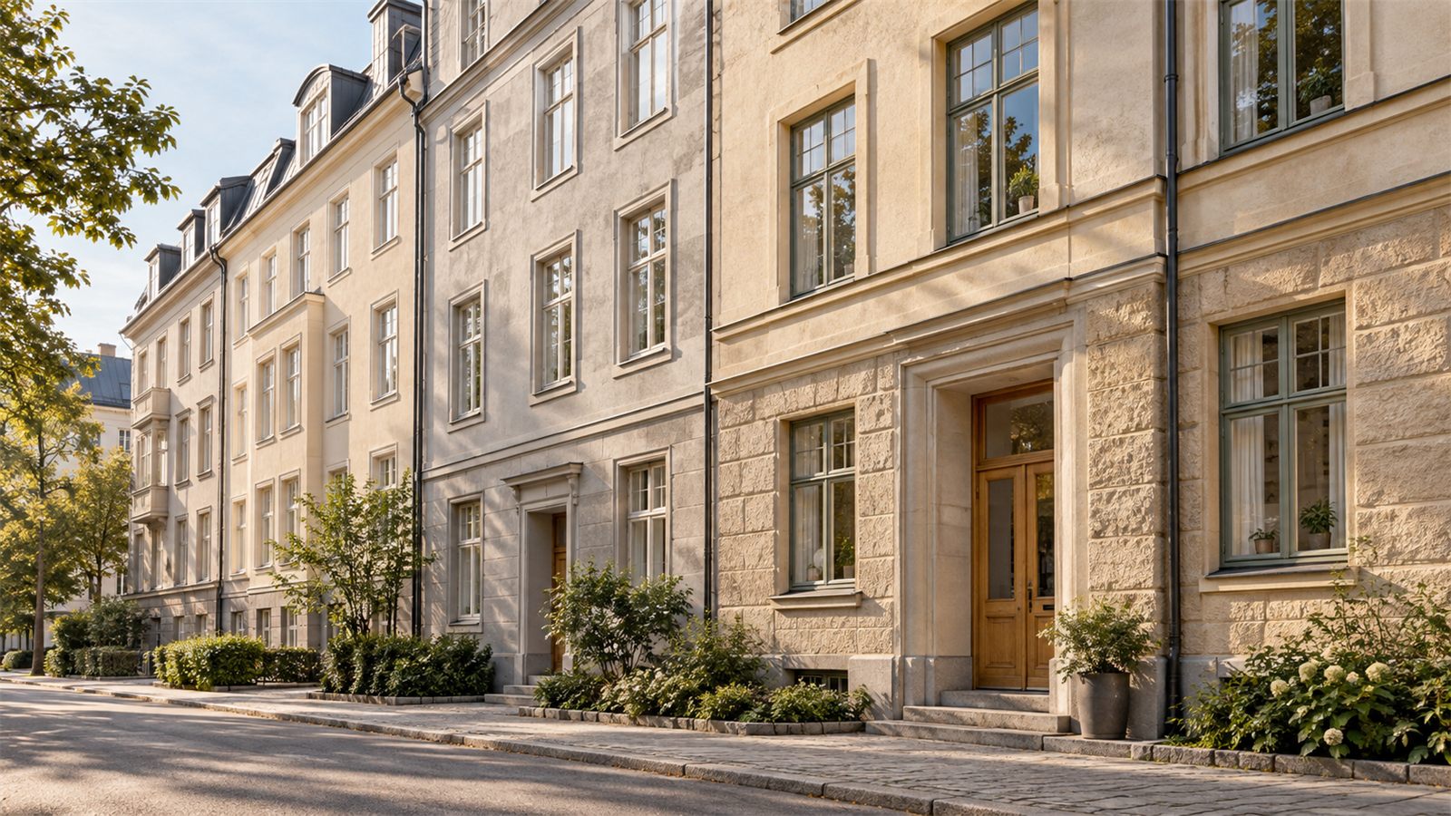Fasader på flerbostadshus i sten längs en gata i eftermiddagsljus.